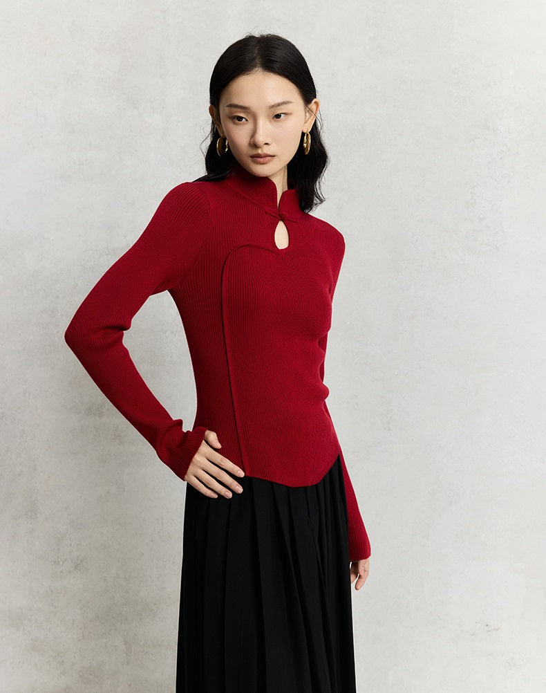 HECO Cheongsam Collar Hollow Buckle red black apricot Knitwear Slim Bottom - whom.
