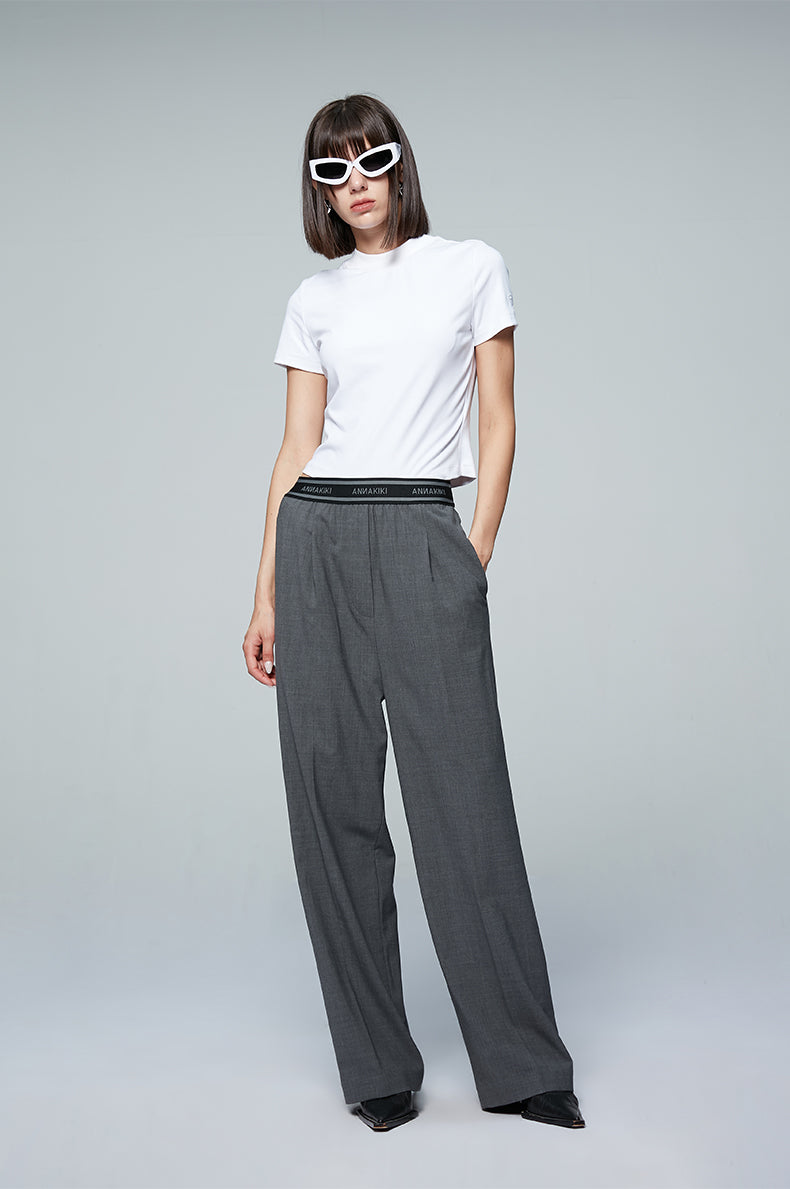 ANNAKIKI designer gray wool elastic waist wide-leg casual trousers-UZUMAKI