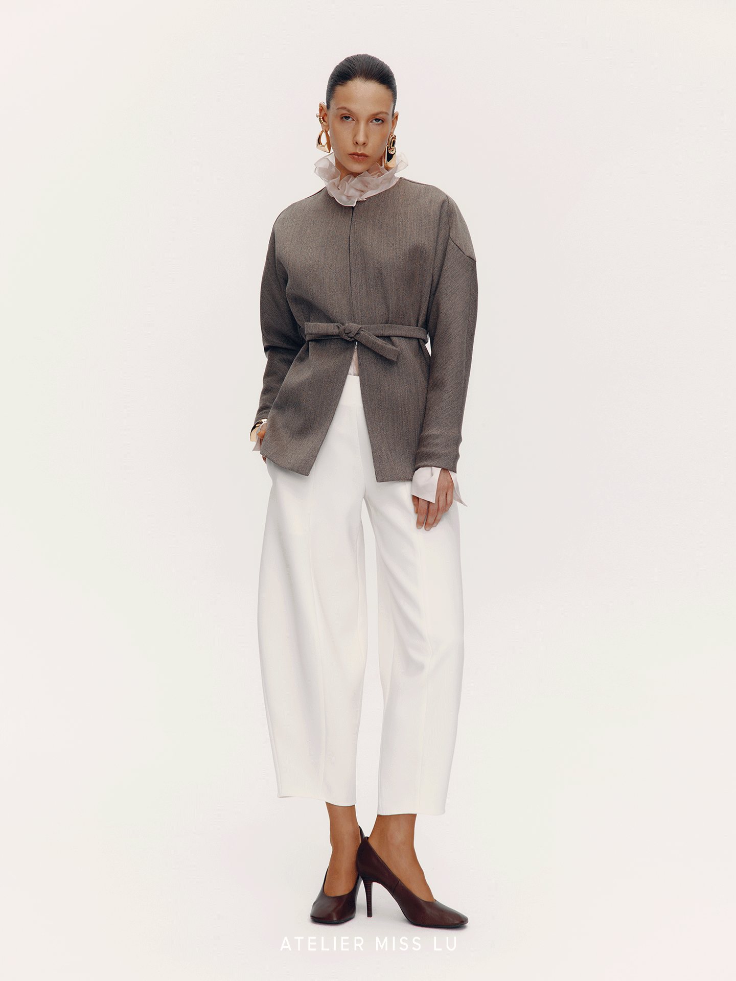 ATELIER MISS LU Curved silhouette sheep wool belt coat - PLEA