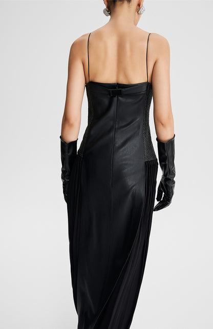 LEDIM W French Retro Pleated cinched maxi long sleeveless black evening dress - Xellia
