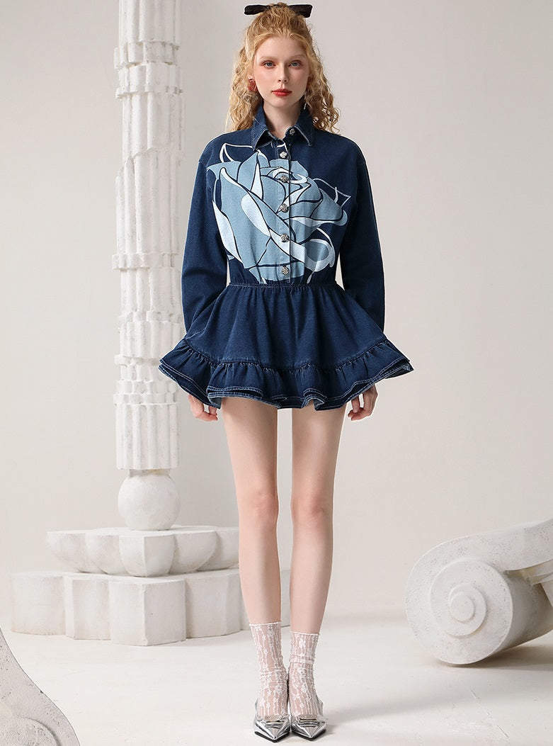 CHECOCRE Elegant Stubble Rose Print American Retro Denim Mini Dress - BETHANY