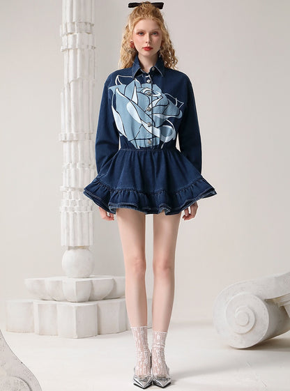 CHECOCRE Elegant Stubble Rose Print American Retro Denim Mini Dress - BETHANY