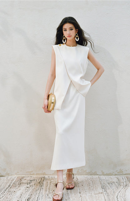 WANGXO | Imported Twisted Drape Fabric Elegant Commuter-Style Diagonal Placket with Loose Pleated Slit Vest & Skirt Suit Set -NALA