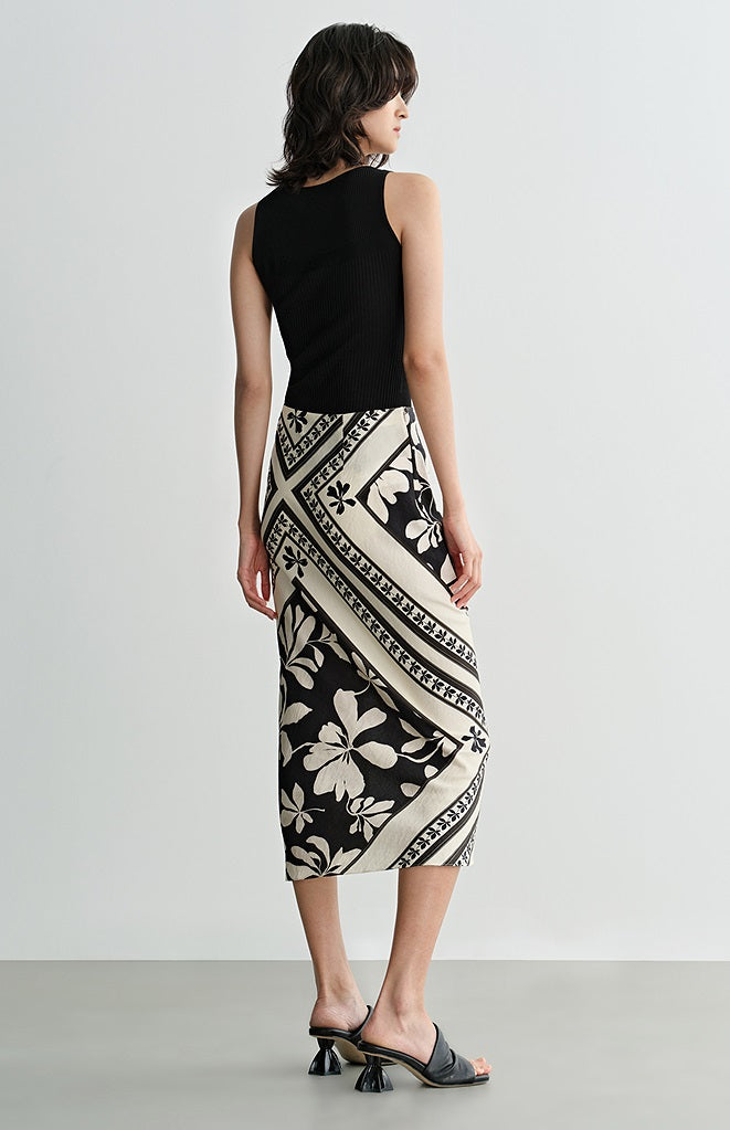 COMME MOI  black and white printed slit hip skirt - JENIFER.