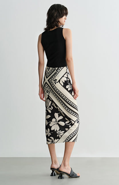 COMME MOI  black and white printed slit hip skirt - JENIFER.