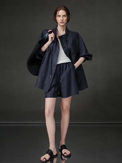 PIAOIN Light Luxury Tencsel Linen Elasticated Waist Drawstring Shorts Versatile Straight Pant-AMELIA