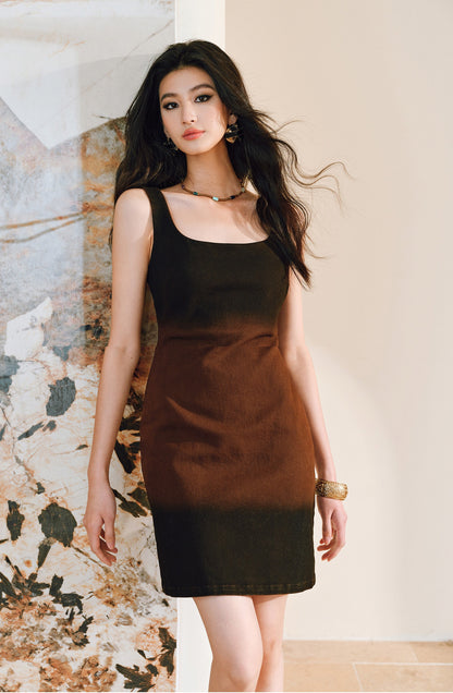 WANGXO |Long-Staple Cotton Neckline and Waist-Cinched Cropped Denim Dress -LANA