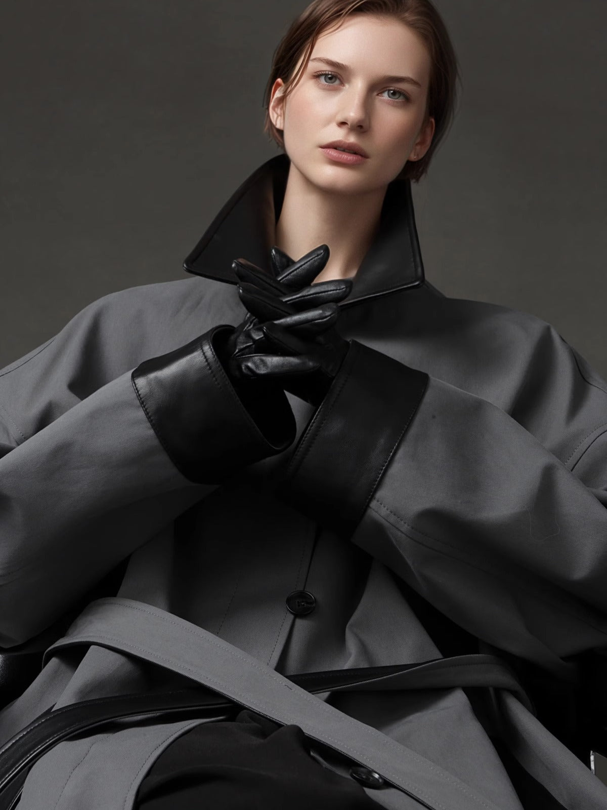 PIAOIN sheepskin stitched collar design sense trench coat women's unisex style-DEX