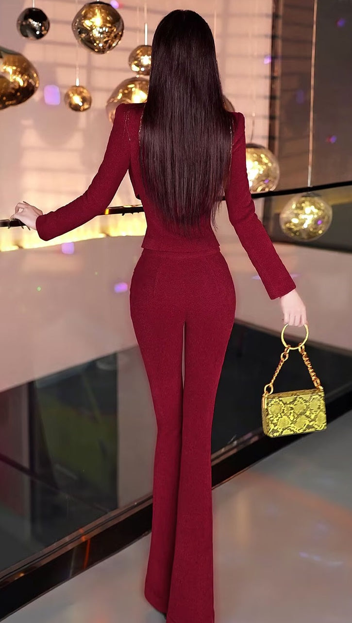 VJE velvet top flared pants two-piece women's OL suit set -FLORA.