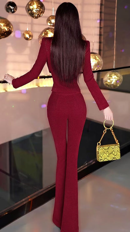 VJE velvet top flared pants two-piece set women's OL suit-FLORA.