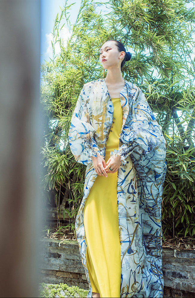 TUYUE Art Print Disc Buckle Light Organza Long Jacket- XENA.