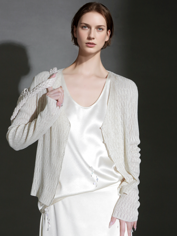 PIAOIN Tencel Linen Cool French Cutout V-Neck Cardigan Women's Slim Knit Jacket -AVA