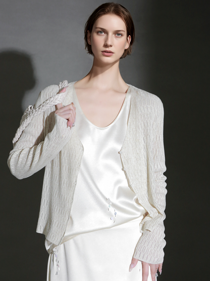 PIAOIN Tencel Linen Cool French Cutout V-Neck Cardigan Women's Slim Knit Jacket -AVA