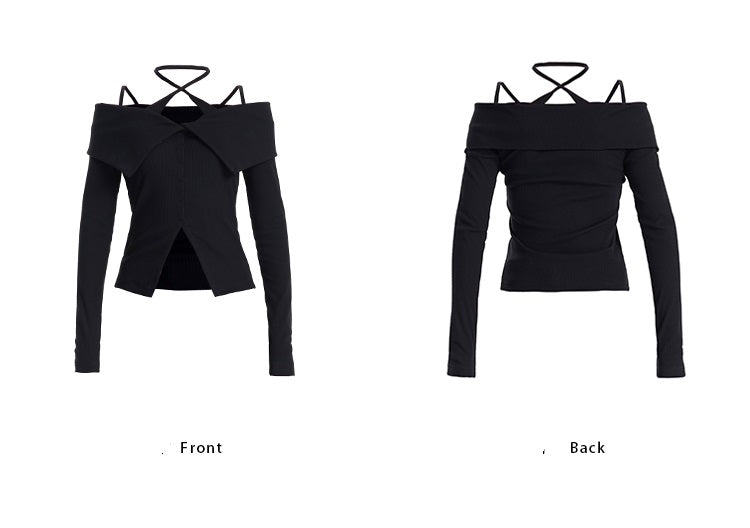 TINY IN crossover off-the-shoulder large lapel knitted long sleeve cut-out top-YOMI