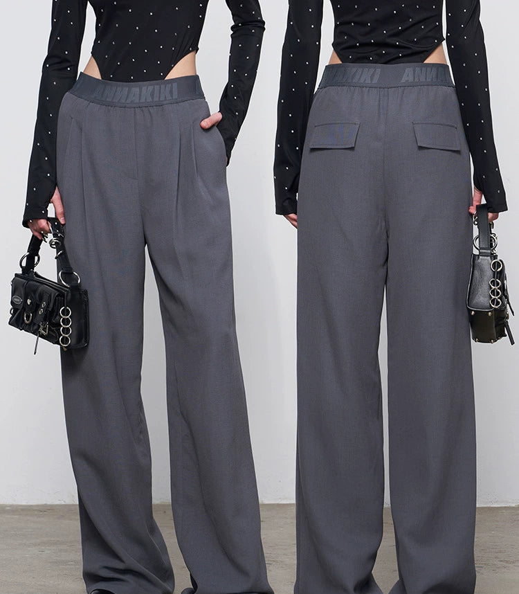 ANNAKIKI Gray Logo Web Elasticated Waist Straight Pants-FUYUKO