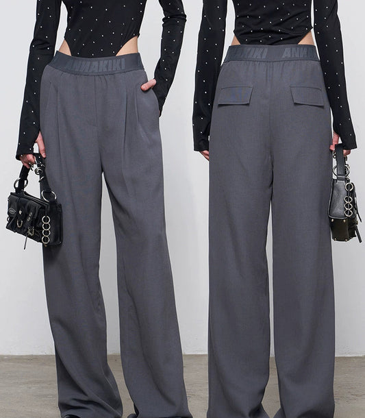 ANNAKIKI Gray Logo Web Elasticated Waist Straight Pants-FUYUKO
