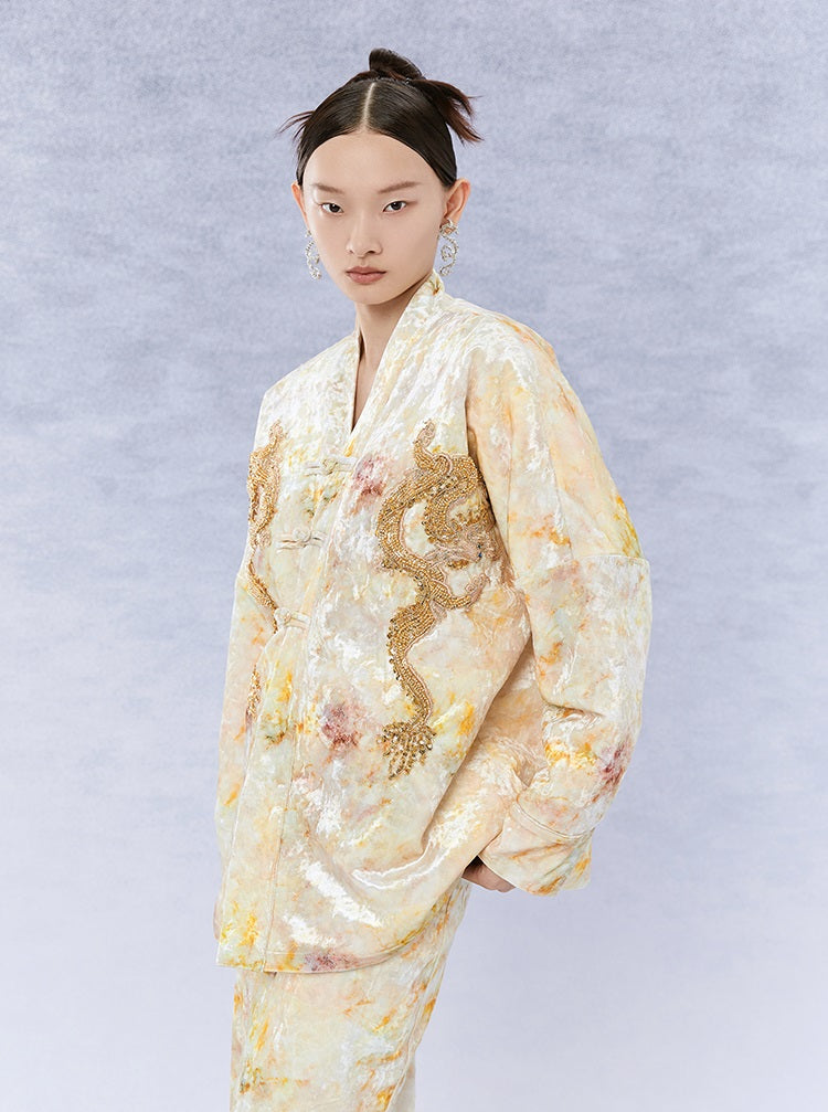 HECO 100% polyester tie dye long sleeve beige Jacket Sense Women's Top - glad.