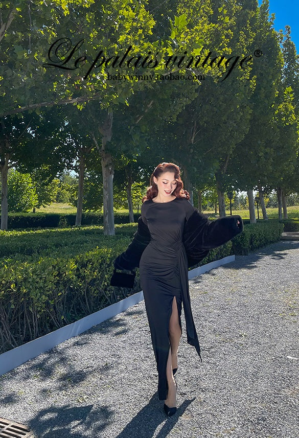 le palais  elegant black asymmetrical pleated high slit slim long dress-PEBBLE