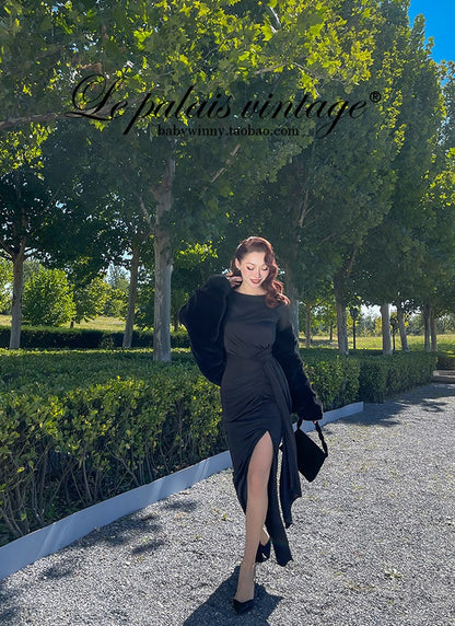 le palais  elegant black asymmetrical pleated high slit slim long dress-PEBBLE