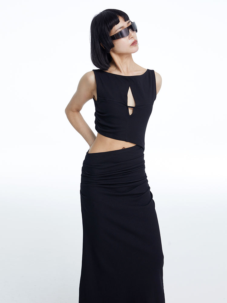 TINY IN knitted faux two-piece women's pleated long dress -CHARMY