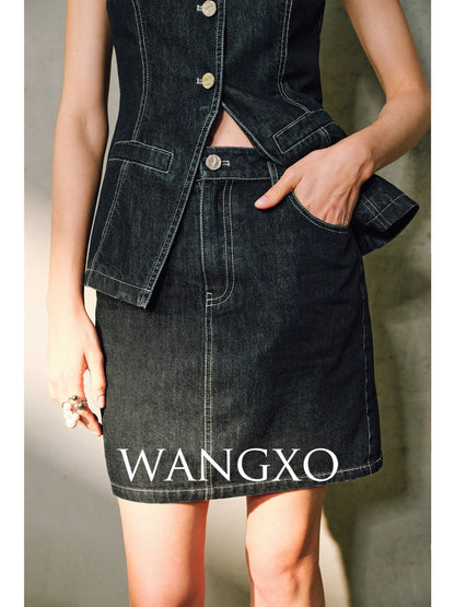 WANGXO | Denim with High-Quality Cotton Blend Waist Contrast Line Denim Vest & Skirt Set -ZIVA
