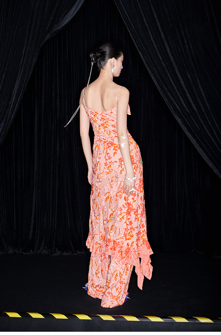 M essential Mackay designer Aorong Velvet irregular ruffled slip dress - Burning Flower