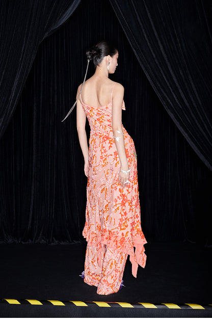 M essential Mackay designer Aorong Velvet irregular ruffled slip dress - Burning Flower