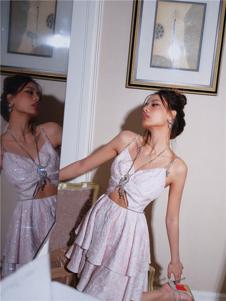 Wardrobes by Chen Pastel Purple V-Neck Sleeveless Diamond Pleat Dress-Shinee