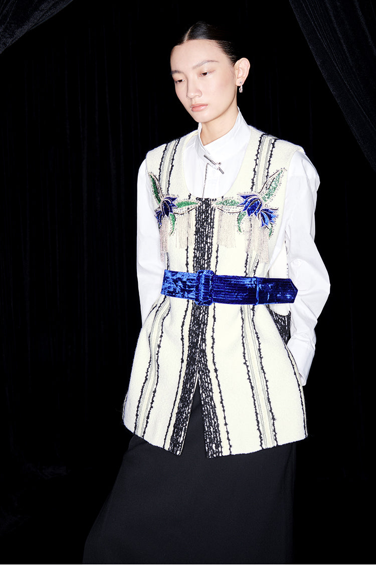 M essential Mackay designer fur stripe embroidered gilet skirt vest dress- Salumd