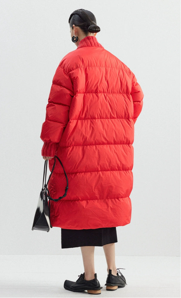 ZHUCHONGYUN Red ribbed collar long puffer jacket-SPIKE.