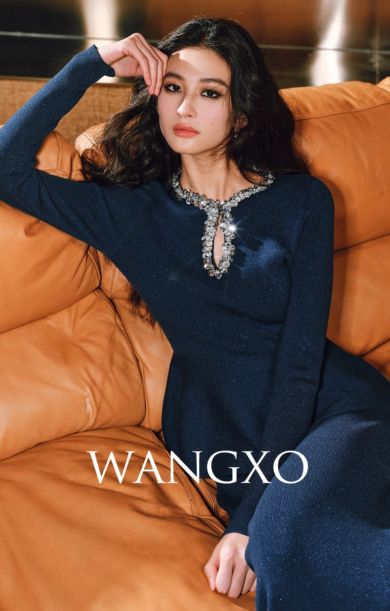 WANGXO | Water Drop Collar with Sequin Inlay Ruffle Hem Top & Skirt Set-VANA.