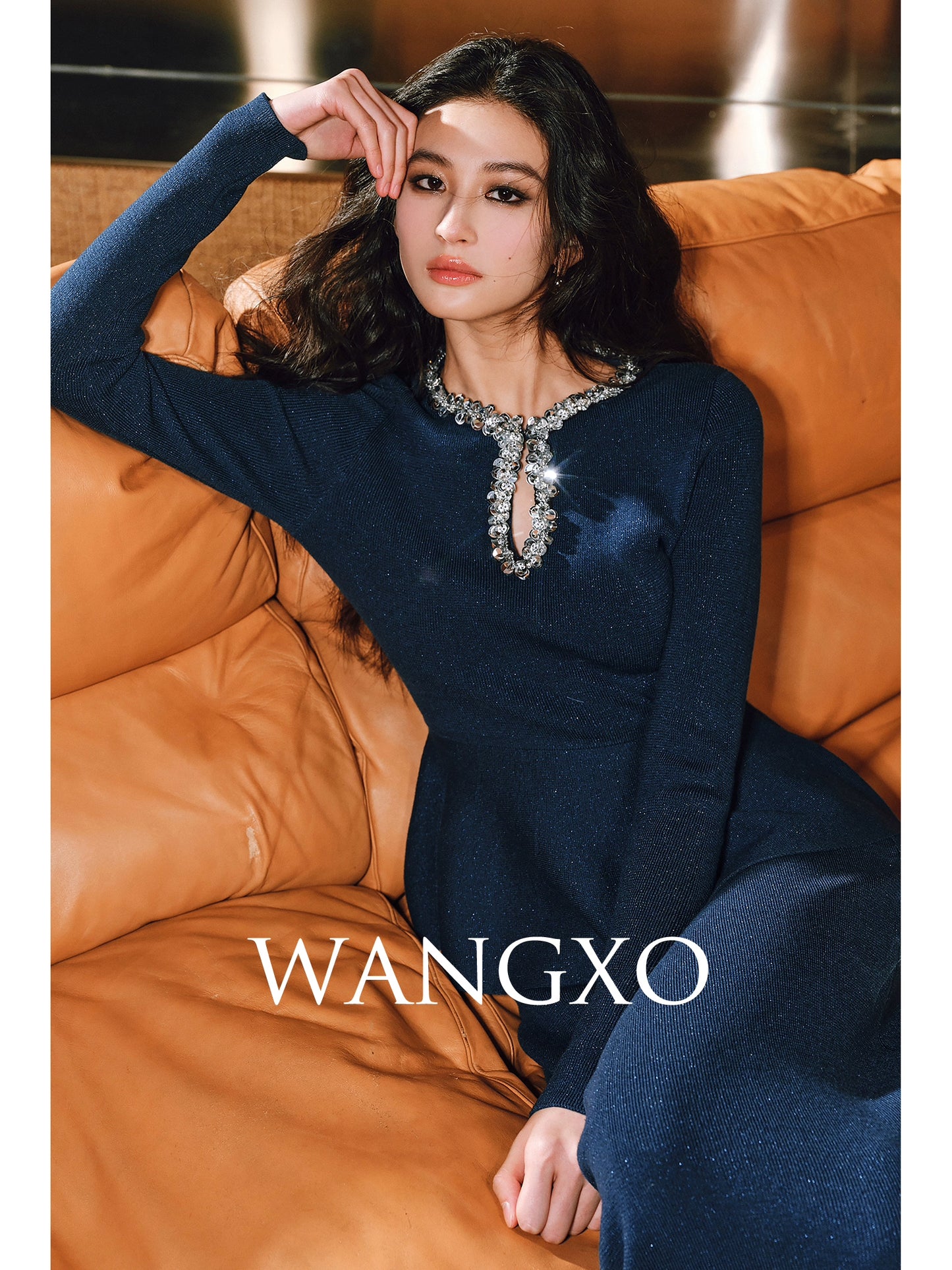 WANGXO | Water Drop Collar with Sequin Inlay Ruffle Hem Top & Skirt Set-VANA.
