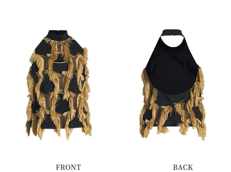 ZHUCHONGYUN draped tassel jacquard sleeveless halter neck suspender top-MAOTOME.