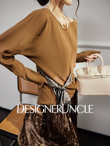 DGU "Mu Brown" brown knitted sweater loose and versatile retro slimming top - David.