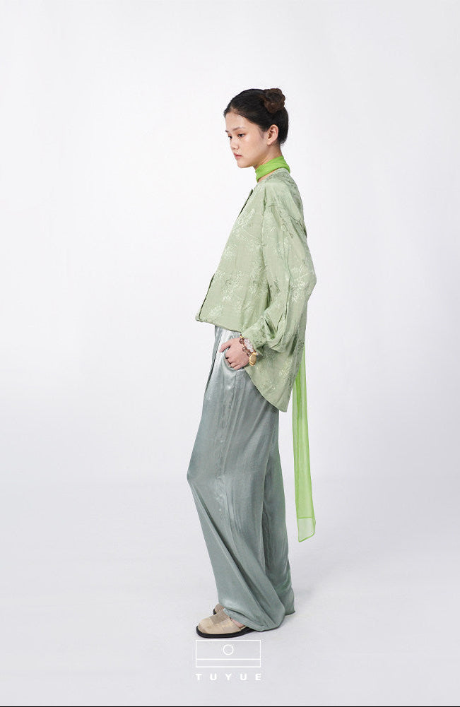 TUYUE Jacquard Pleated Crew Neck Long Sleeve Shirt- JASON.
