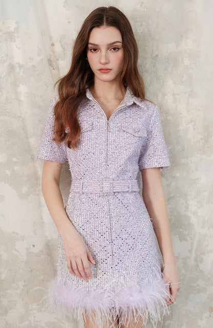 Wardrobes by Chen Elegant Purple Polo Collar Short Sleeve Feather Dress- Boa