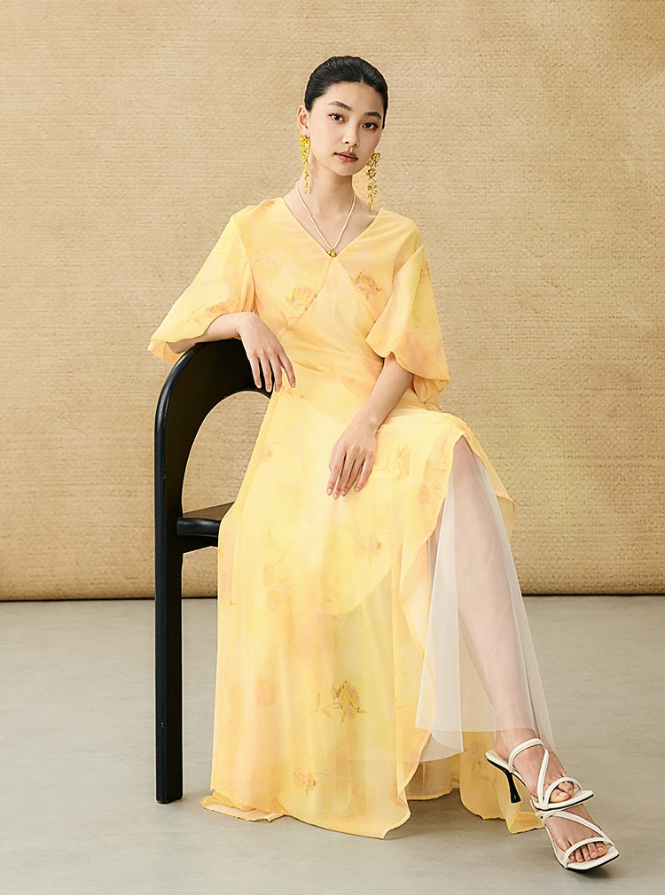 HECO Chinese Floral V-neck Asymmetric Hem Long Dress - DOMINION.