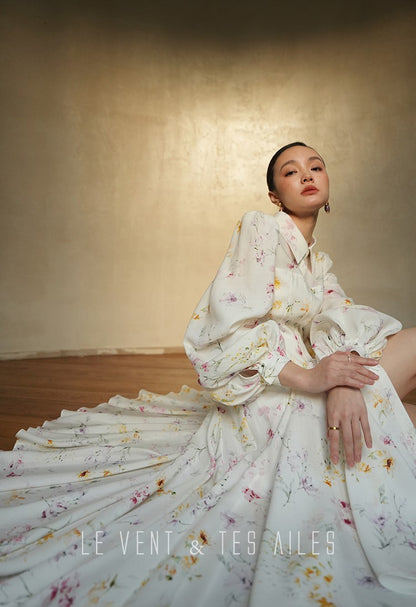 LE VENT&TES AILES Luxury summer vacation floral print Fancy Midi Dress-ZOE