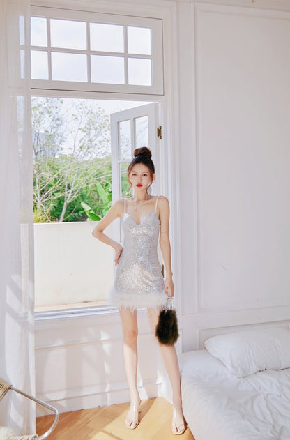 DOLLY Luxury Sliver Sleeveless Sequin Feather Suspender Slim Fit Party Dress-AADHIRA