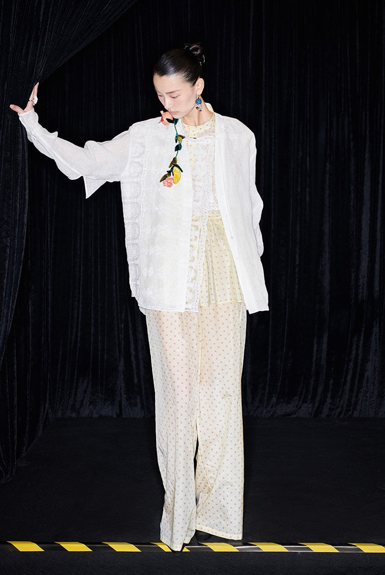 M essential Mackay designer polka dot silk cotton elasticated wide-leg trousers - YVONE.