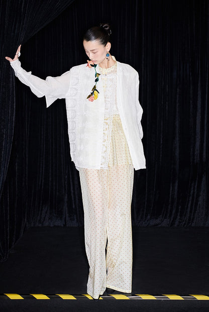 M essential Mackay designer polka dot silk cotton elasticated wide-leg trousers - YVONE.