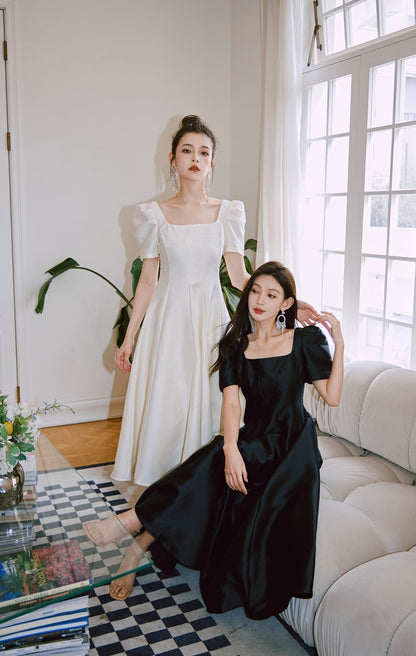 DOLLY Elegant Retro Square Neck Short Puff Sleeve Satin Long A-Line Dress-BAMBI
