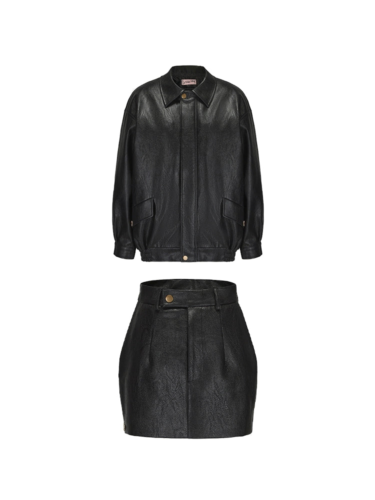 Le Palais Vintage Elegant Black Long Sleeve Medium Leather Jacket + Short Skirt-AURA.