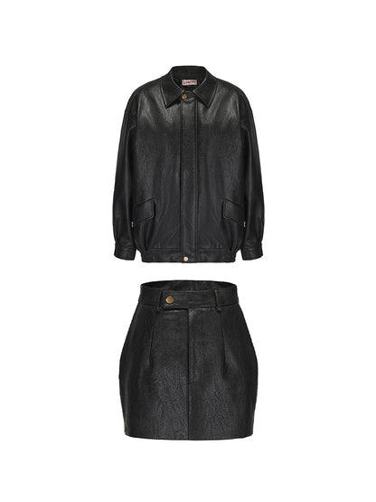 Le Palais Vintage Elegant Black Long Sleeve Medium Leather Jacket + Short Skirt-AURA.