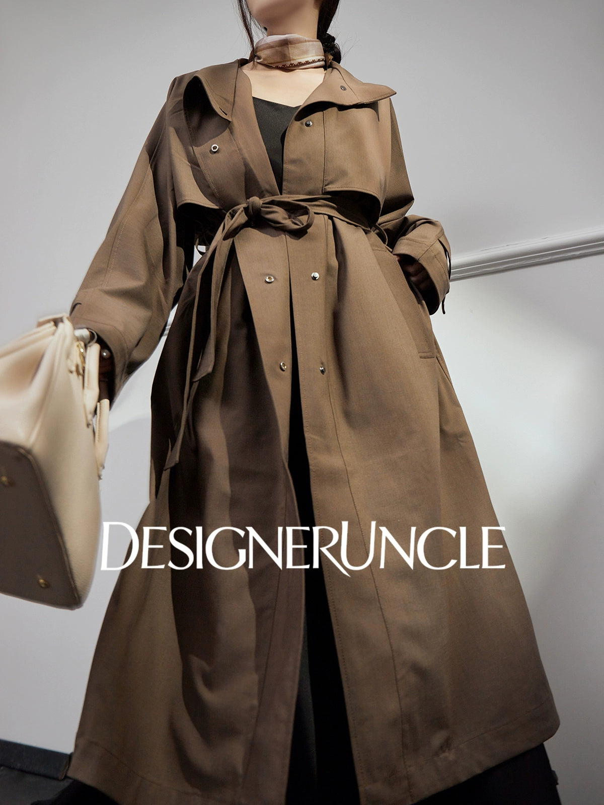 DGU |Dark Brown Trench light Luxury Design coat Collar Temperament Long Niche Top - Antonia.