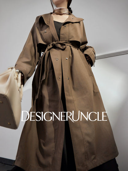 DGU |Dark Brown Trench light Luxury Design coat Collar Temperament Long Niche Top - Antonia.