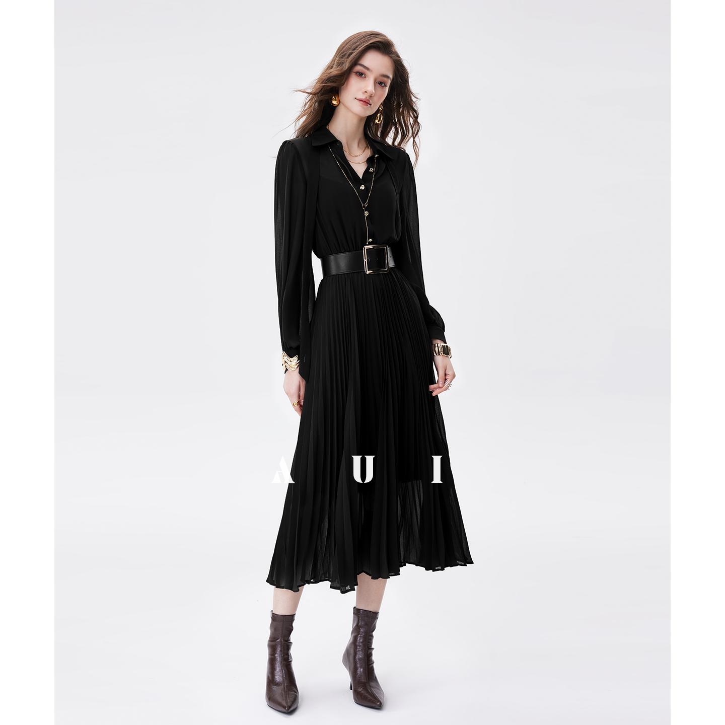 AUI Black Professional Temperament Chiffon Shirt Puff Sleeve Slim Polo Dress - Ha-rin.