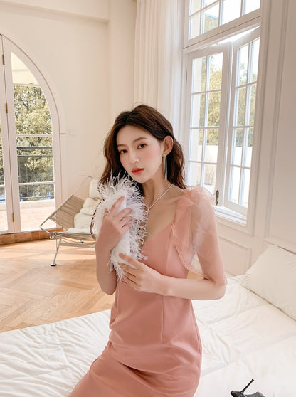 DOLLY Elegant V-Neck Short Mesh Puff Sleeve High Waist Midi Luncheon Dress-CHILE