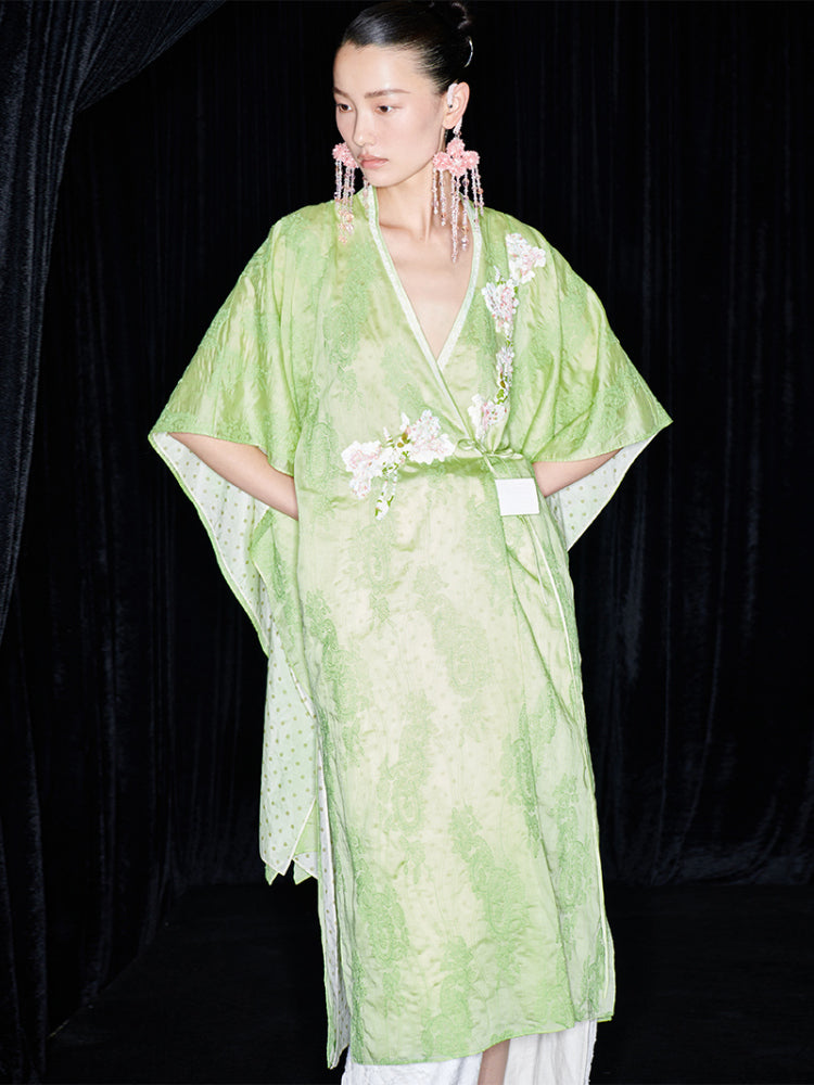 M essential Mackay designer green embroidered fabric magnolia beaded cardigan robe - RUTH.