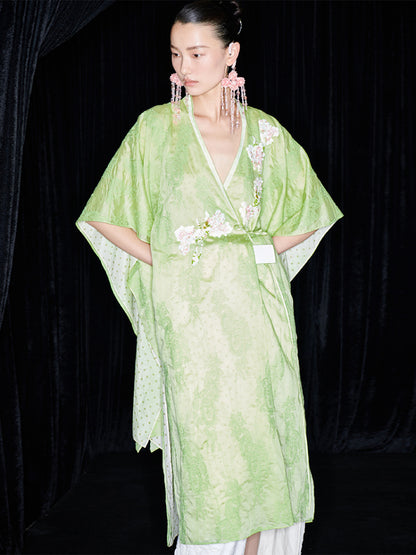 M essential Mackay designer green embroidered fabric magnolia beaded cardigan robe - RUTH.